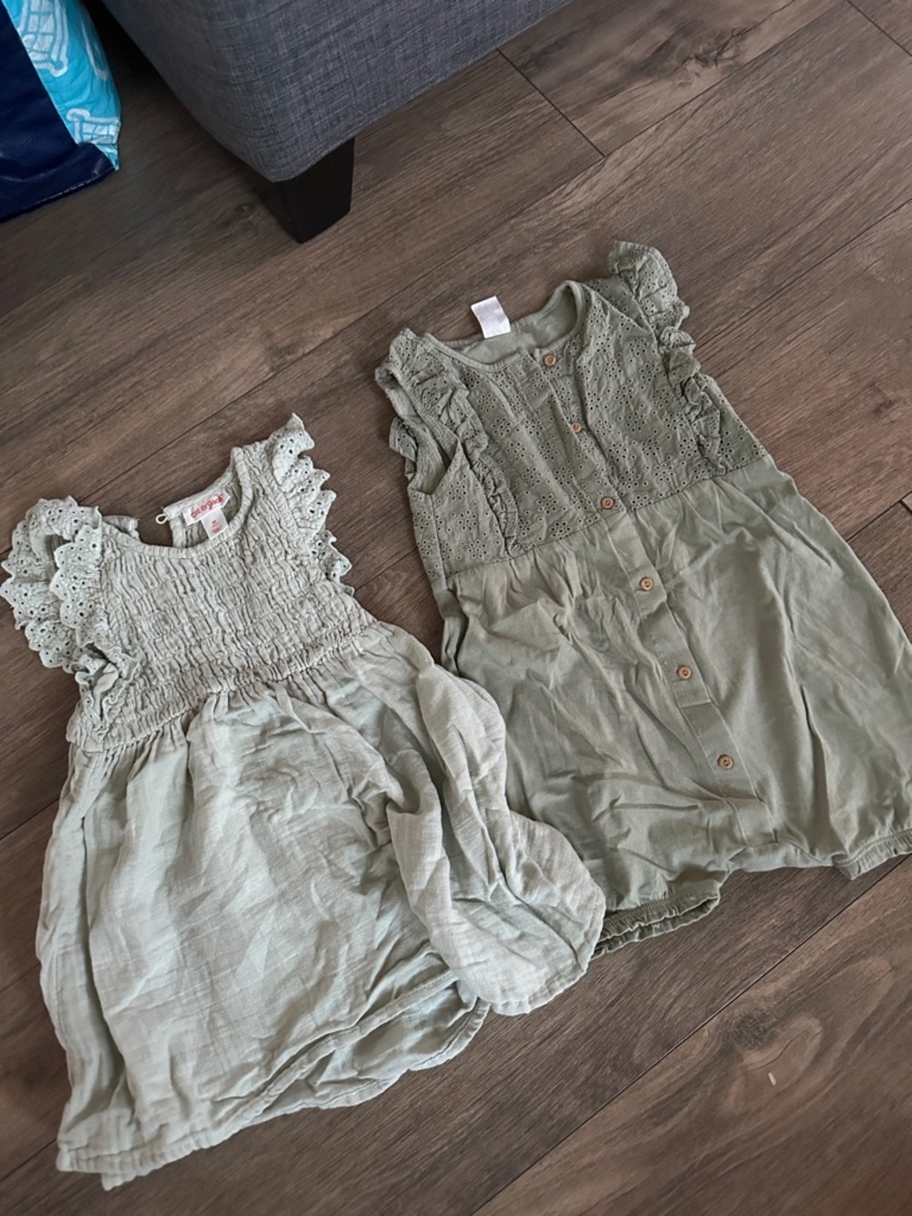 Girls' Sage Green Eyelet Summer Dress and one piece romper size 2T